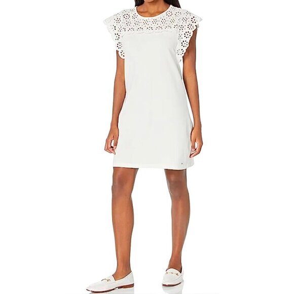 Tommy Hilfiger Dresses & Skirts - Tommy Hilfiger Size Medium M Cream White Eyelet Dress Flutter Sleeve Pullover